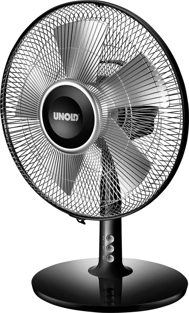 A black oscillating table fan with silver blades and a black base.