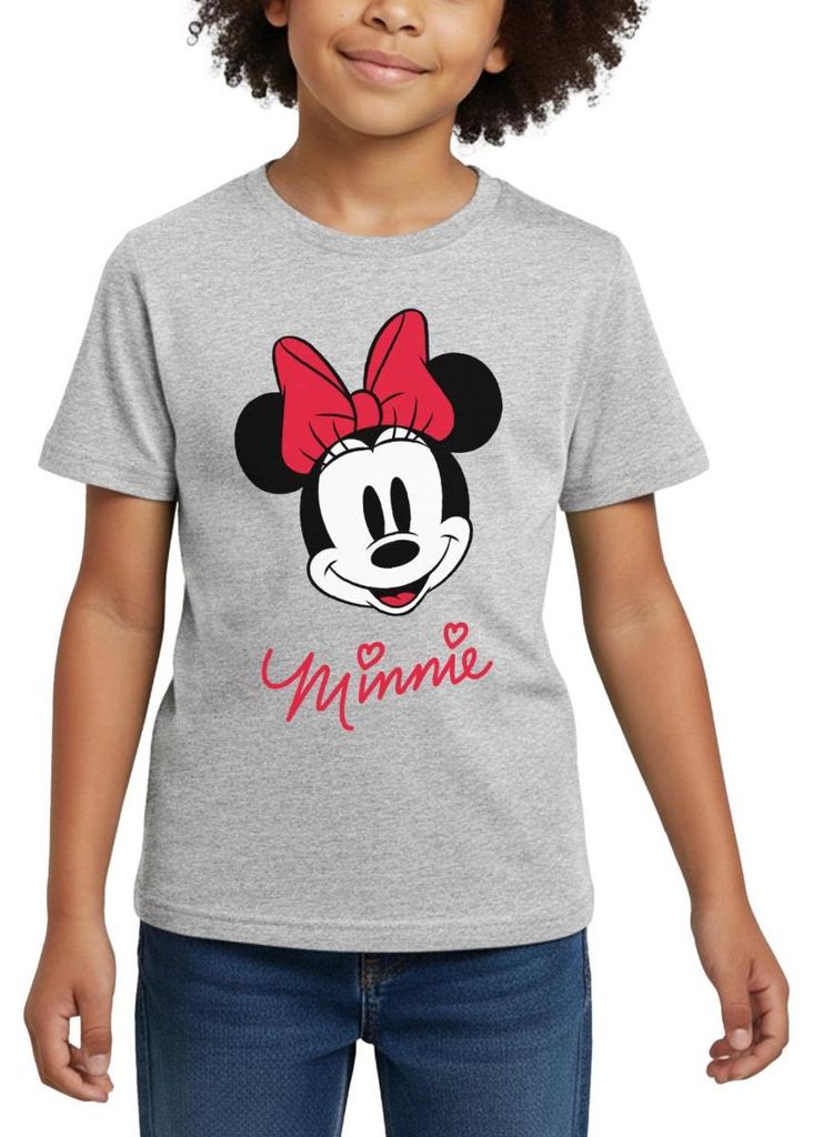 Mickey & Minnie Schriftzug Kinder T-Shirt, 122/128 (7-8 Jahre), Grau meliert
