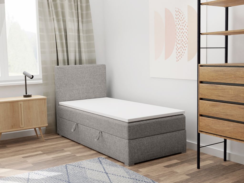 FEDVE Boxspringbett Einzelbett KOLORADO MINI mit Bettkästen Jugendbett mit Bonell-Matratze und Topper 90x200 Links