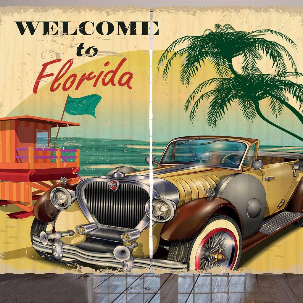 ARANDE Florida Gardine, Altes Strand-Bild mit Weinlese-amerikanischem Auto ein Besuch zu touristischem Küstenstaat, 280 x 175 cm, Mehrfarbig