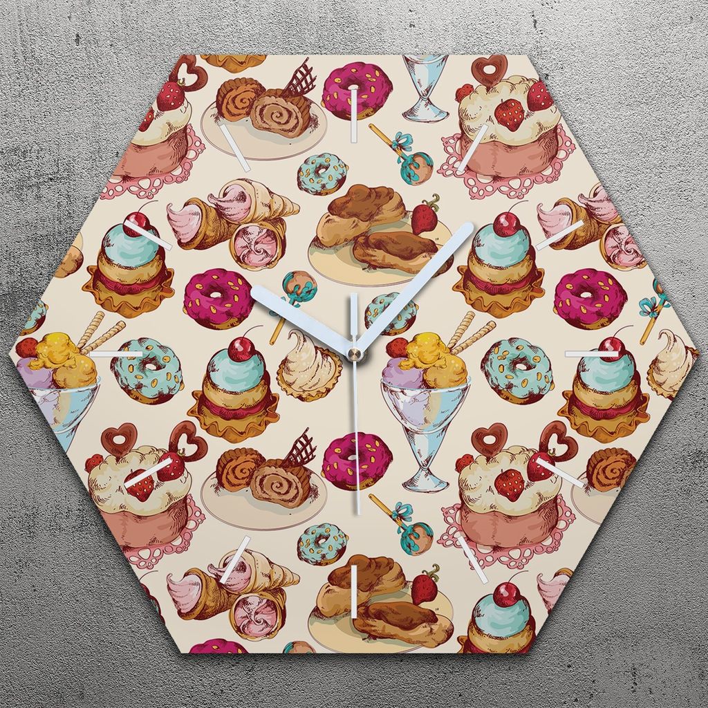 Uhr hexagonal 40 cm Glas Geräuschlos weiße Zeiger - Süßigkeiten Bäckerei Gebäck