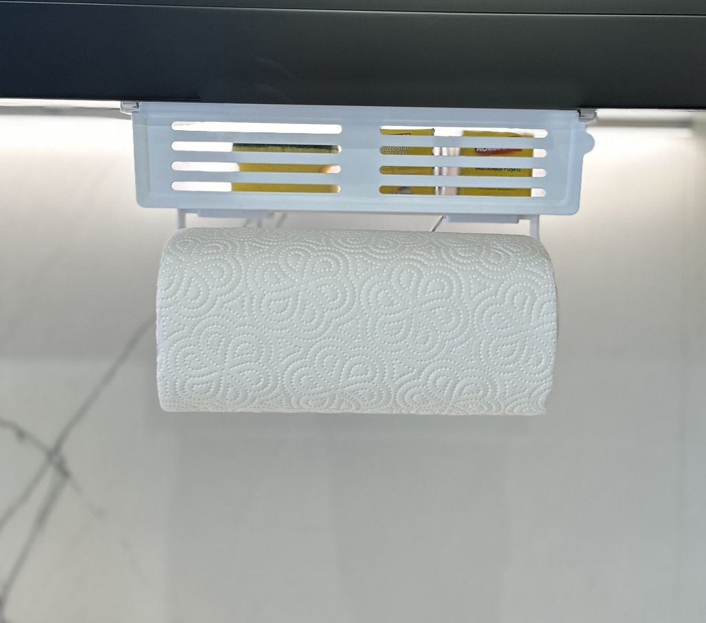 Küchenrollenhalter mit Ablage für Küchenutensilien.