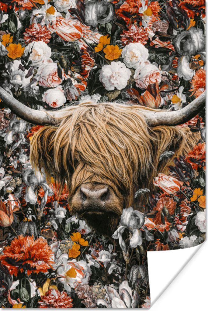 MuchoWow Poster Schottische Highlander - Blumen - Rosen 120x180 cm - Kunstposter