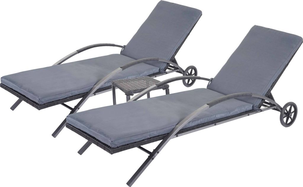 2er-Set Sonnenliege MCW-E27, Relaxliege Gartenliege, Poly-Rattan schwarz Kissen dunkelgrau
