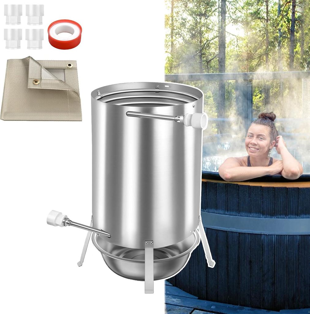 TRMLBE Poolheizung Feuertonne Edelstahl Pool Heizung mit Feuerfeste Matte und Ascheschale, 32/38mm Anschlš¹sse Pool beheizt Eimer, fš¹r Pool Wa...