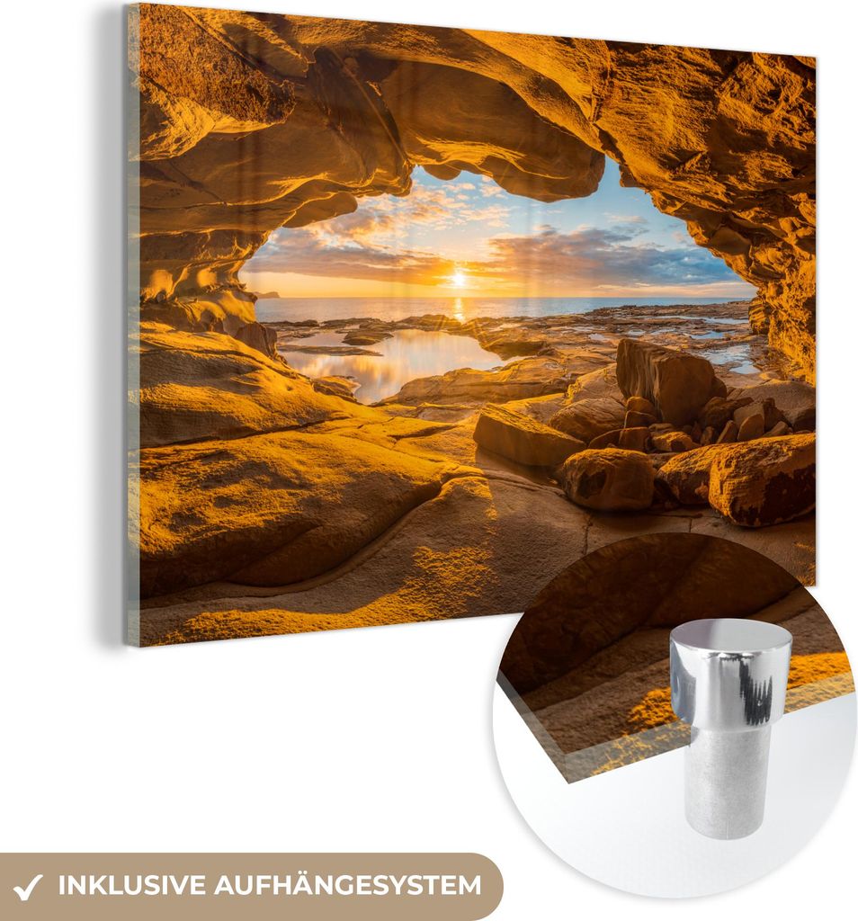 MuchoWow Glasbilder - Bilder auf Wandbild - Foto auf Glas Höhle - Meer - Horizont - Sonnenuntergang 120x80 cm Wanddekoration aus Glas - Acrylglasb...