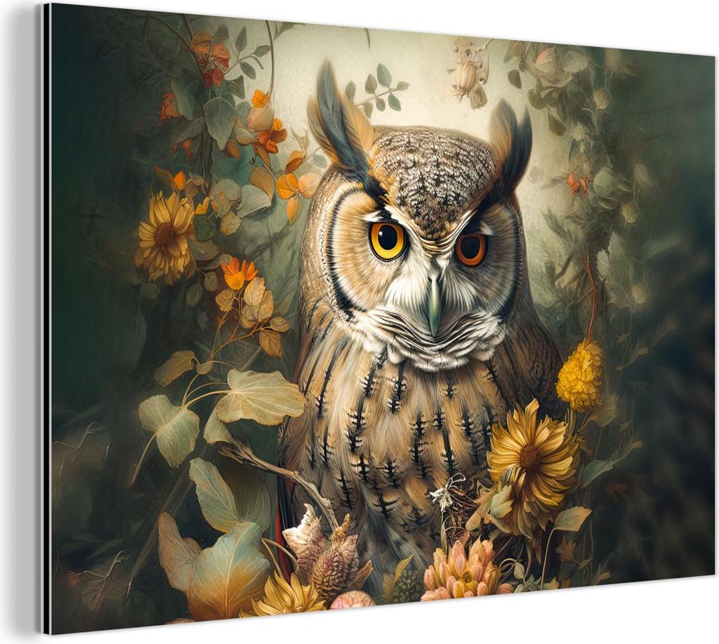 MuchoWow Wanddekoration Metall Metallbild Wandkunst 30x20 cm Eule - Vögel - Blumen - Natur MuchoWow Aluminium Gemälde - Aluminiumgemälder
