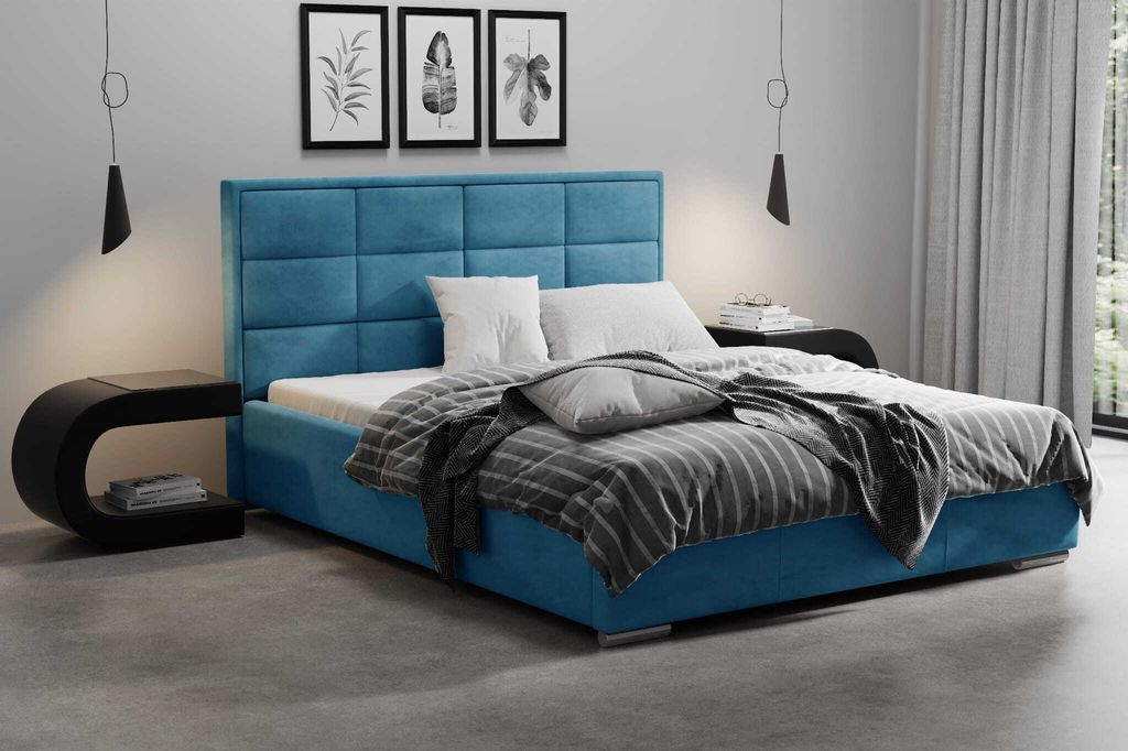 AGMAT Polsterbett VIGO mit Kopfteil, 140 x 200 cm, Doppelbett mit Bettkasten und Lattenrost aus Metall, Velourstoff: Blau