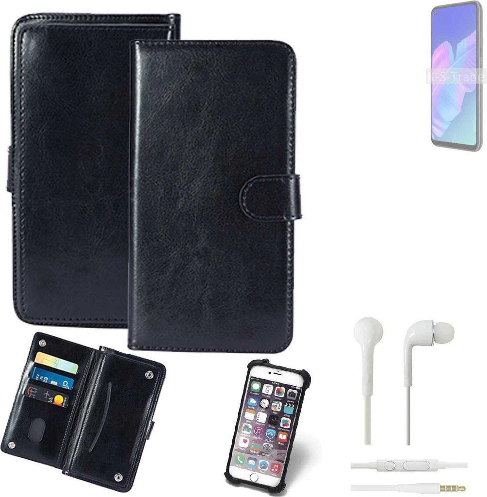 K-S-Trade 360° Hülle kompatibel mit Huawei P40 lite E inkl. Headphones schwarz Kunstleder Case BookCase WalletCase Kunstlederederhülle Handyhülle,