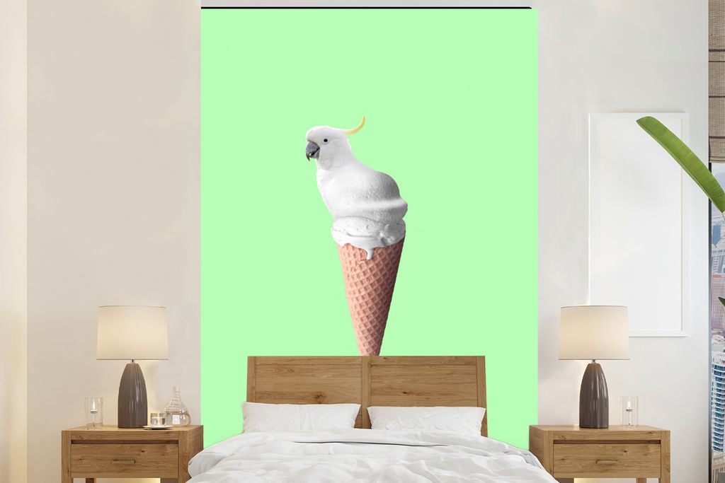 MuchoWow Fototapete für Wohnzimmer oder Schlafzimmer Wandtapete Vinyl Motivtapete Papagei - Eistüten - Eiscreme - Weiß - Grün - 195x300 cm - ...