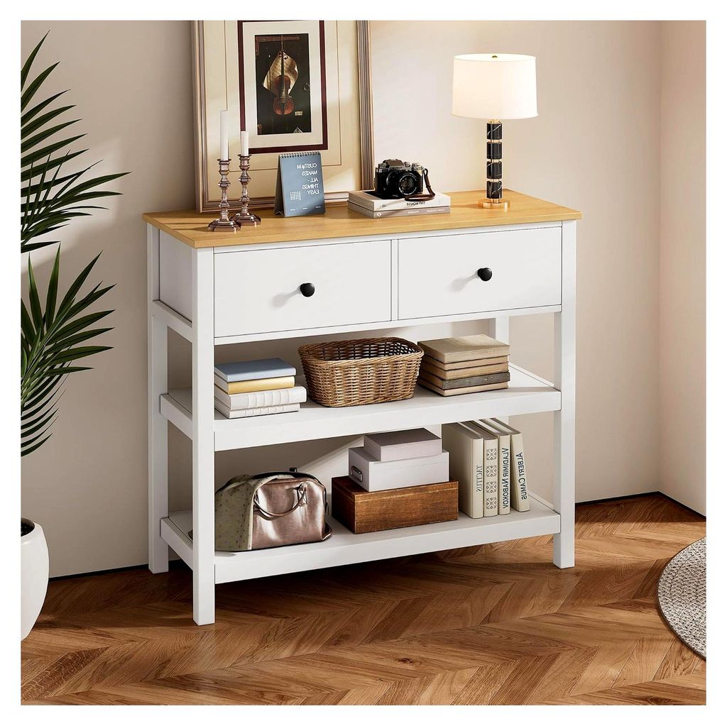 Konsolentisch aus Holz, schmal, mit Schubladen und offenen Regalen für Flur, Eingang und Wohnzimmer (Khaki) (Weiß+Natur)