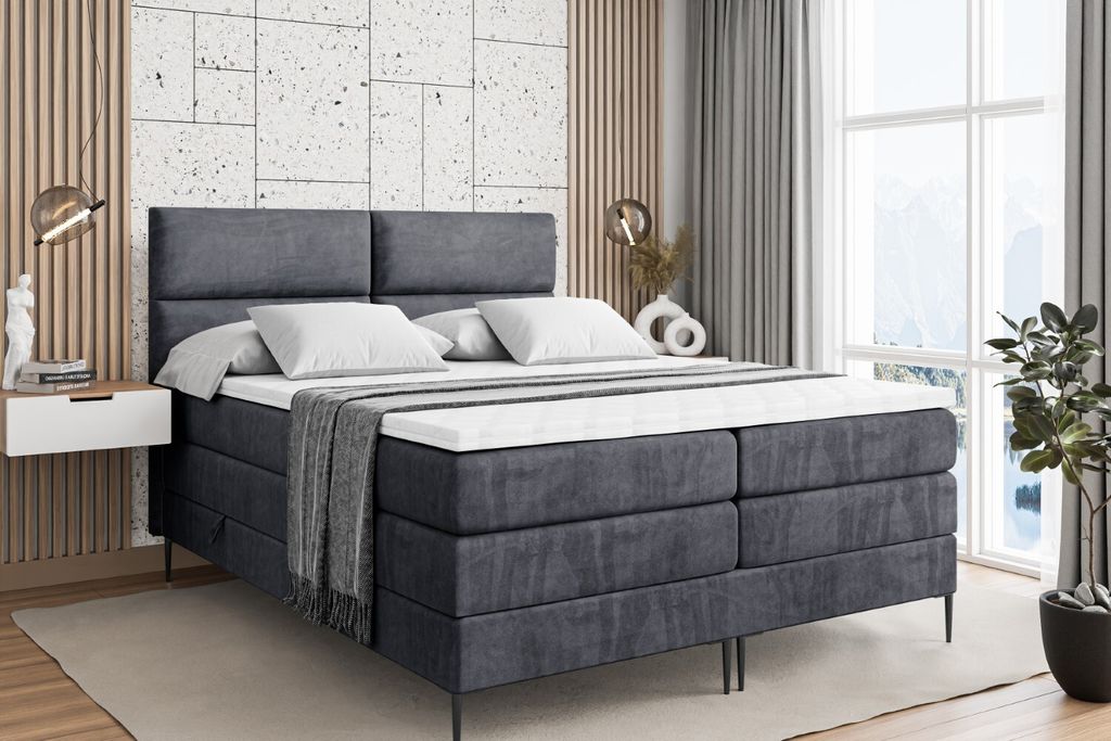 ALTDECOR Boxspringbett mit Schwarz Füßen, Matratze und Lattenrost, Topper, Polsterbett mit Bettkasten, Bett mit Stauraum H3- und H4- Matratze, Do...