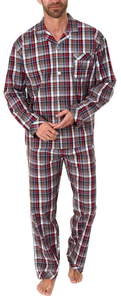 Edler Herren Pyjama langarm Schlafanzug gewebt zum Knöpfen im Karo Design - 65344 ; rot , 56