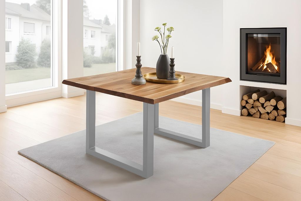 Esstisch Baumkante massiv Akazie natur 80 x 80 silber NIAH