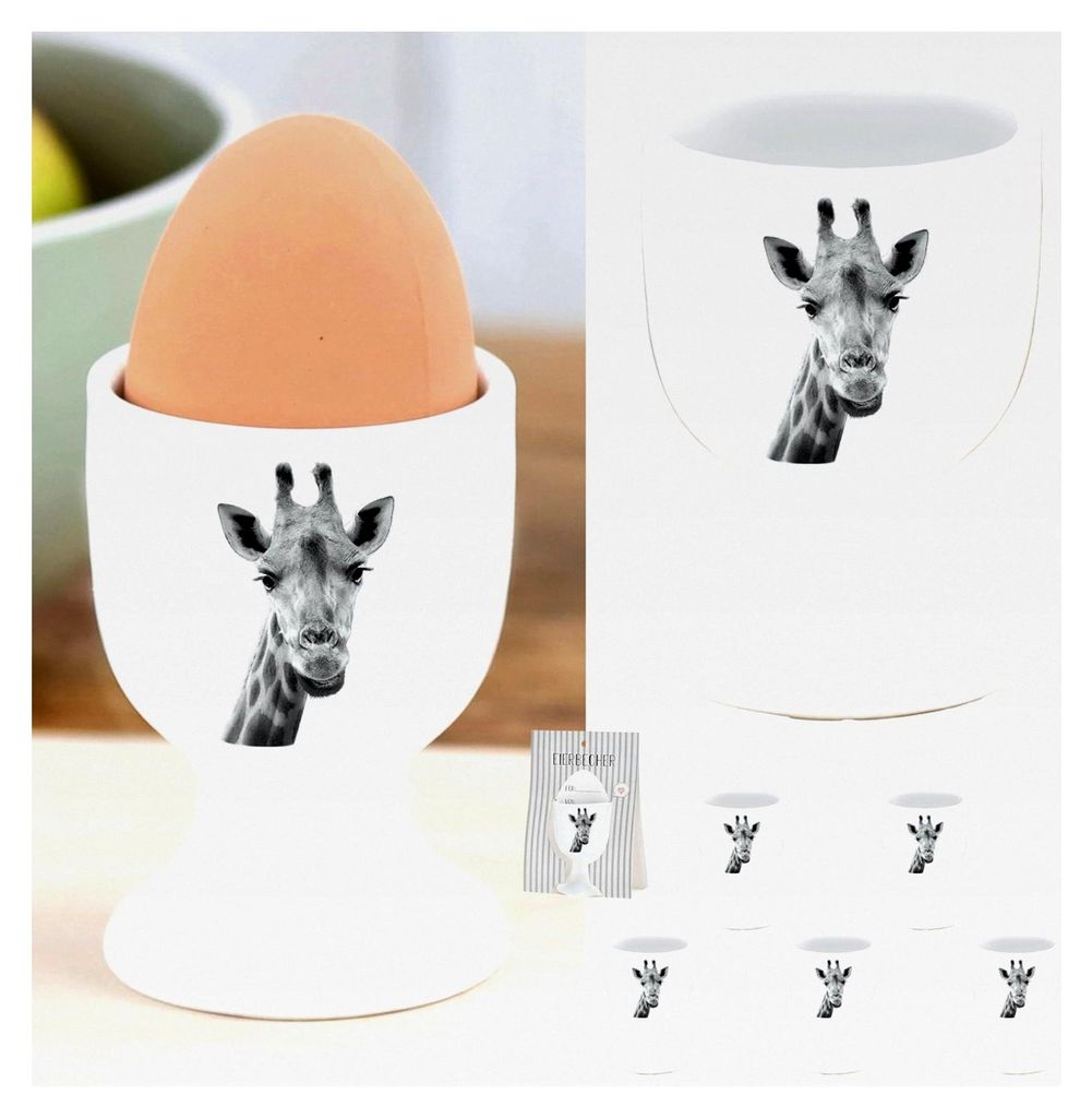 Eierbecher 'Giraffe' 6er Set | Porzellan weiß 5x7cm | Halter für Eier mit Tiermotiv