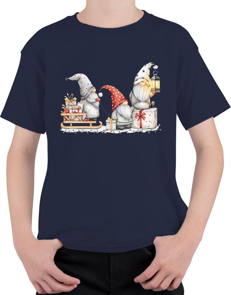 Weihnachtswichtel Schlitten Geschenke Laterne rot grau süß lustig Uni Kinder T-Shirt, Navy, 104