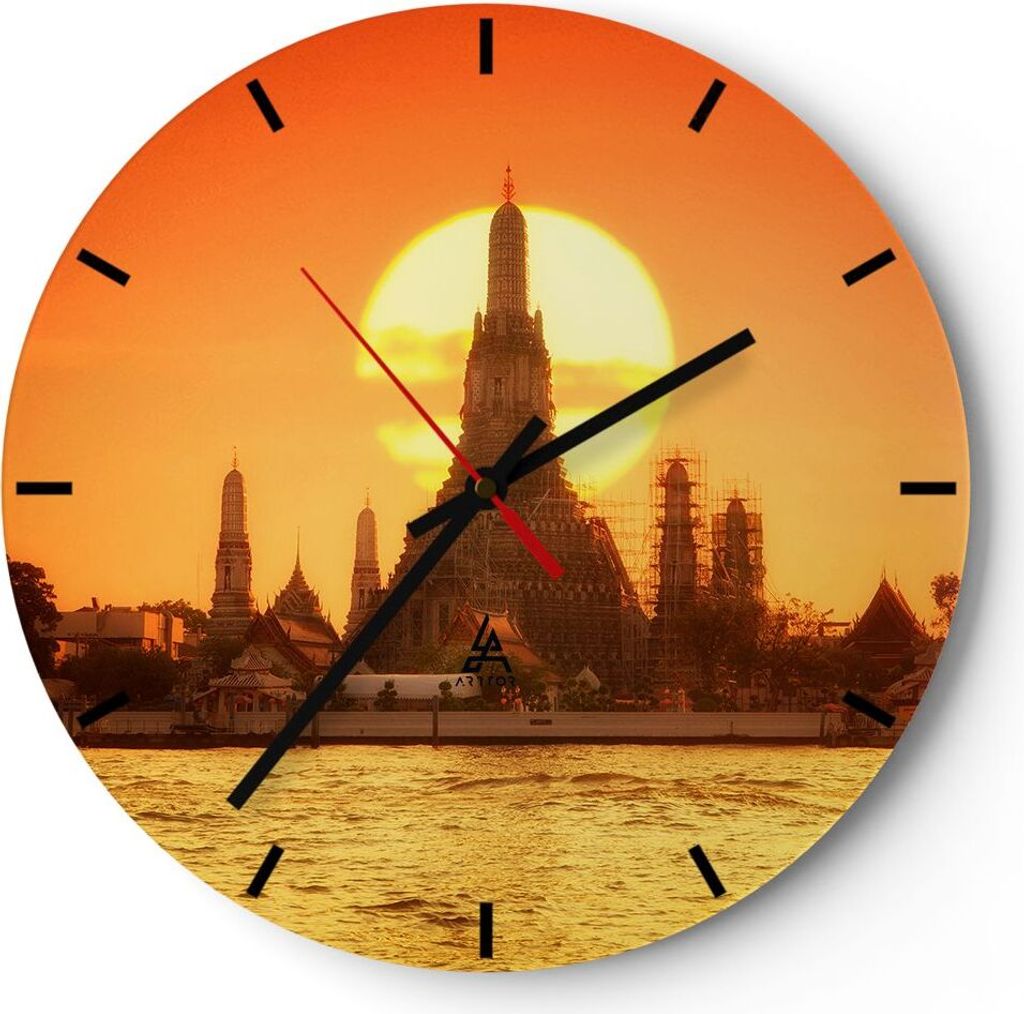 Wanduhr - Rund - Glasuhr - Tempel Asien - 40x40cm - Schleichendes Uhrwerk - Lautlos - zum Aufhängen bereit - Dekoration Modern - Wanddekoration au...