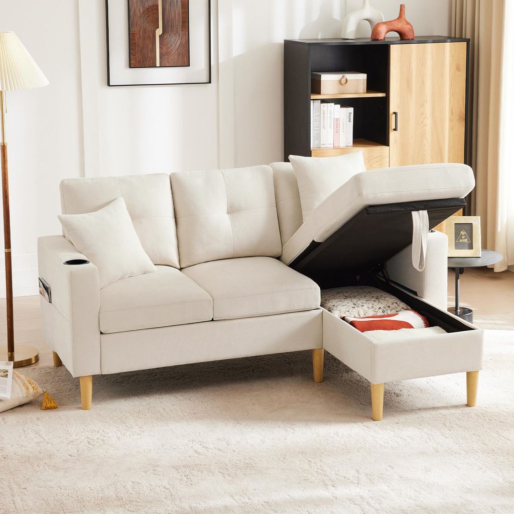 L-förmiges modernes Sofa, 3-Sitzer-Sofa mit Chaiselongue, Stauraum, integriertem Getränkehalter, wird mit 2 Kissen geliefert, geeignet für Wohnz...