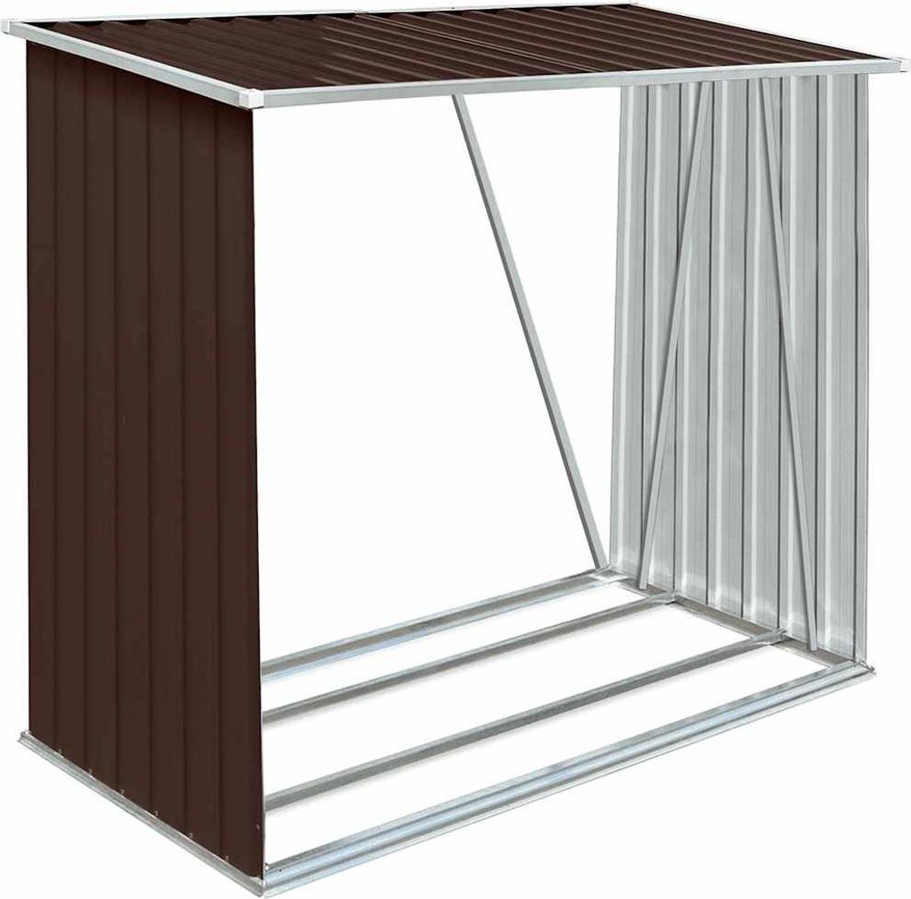 A brown and silver metal firewood storage rack shown from a three-quarter front angle against a white background.