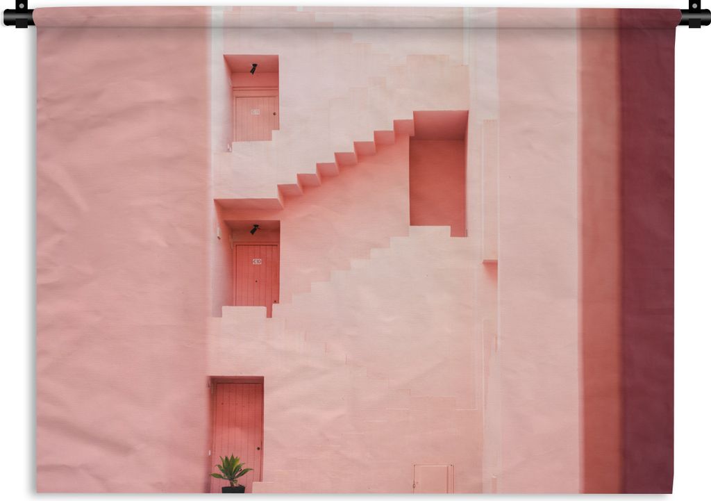 MuchoWow Wandteppich Wandbehang Architektur - Treppe - Rosa - Haus 60x45 cm Tapisserie Dekoration Wandtuch - Das Schlafzimmer