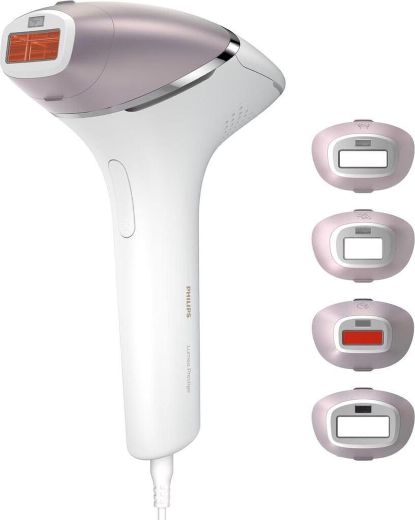 A Philips Lumea Prestige IPL hair removal device with multiple attachments displayed on a white background.