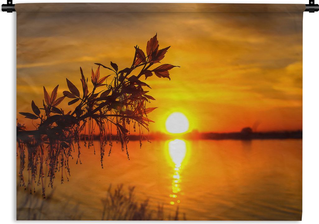 MuchoWow Wandteppich Wandbehang Sonnenuntergang - Wasser - Pflanzen - Orange 60x45 cm Tapisserie Dekoration Wandtuch - Das Schlafzimmer