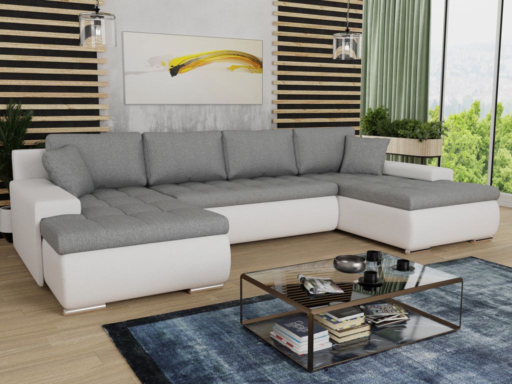 Wohnlandschaft mit Schlaffunktion Faris U-Form - Couch, Schlafsofa mit Bettkasten, Couchgranitur mit Bettfunktion, Big Sofa, Bettsofa (Weiß + Grau...