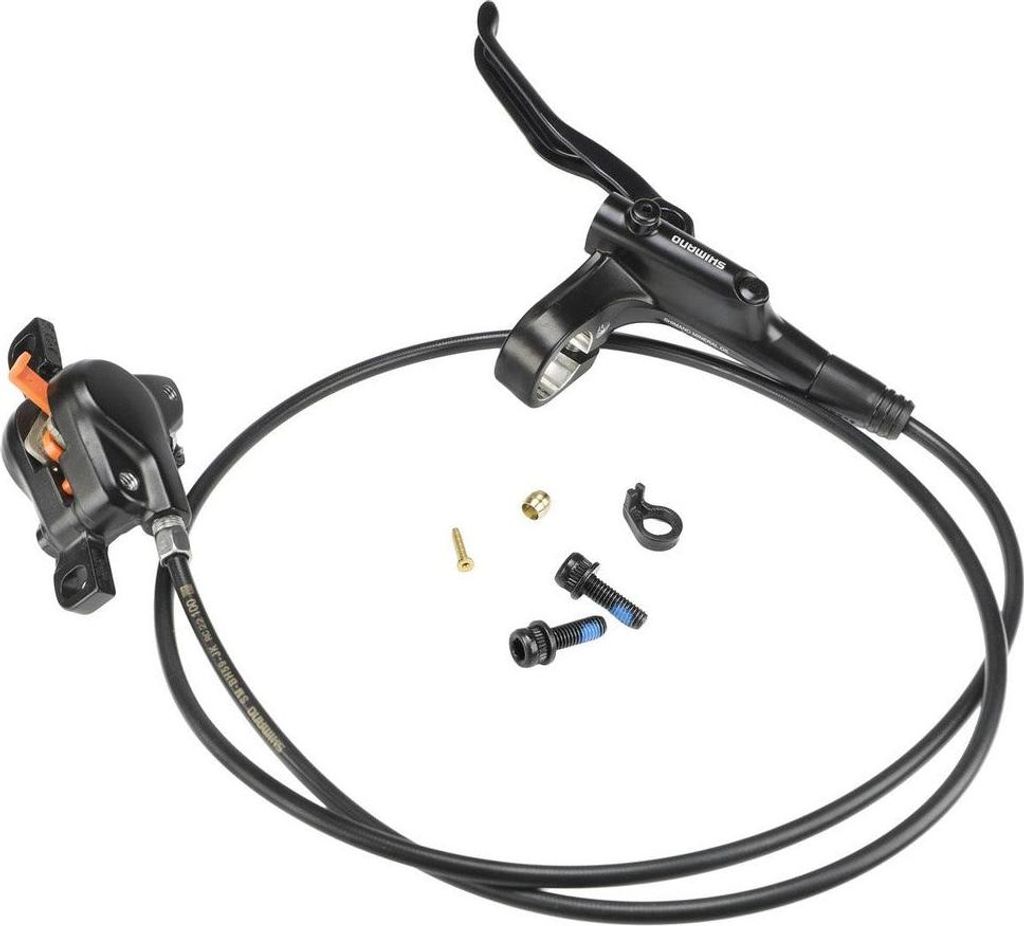 A bicycle hydraulic disc brake set with its components laid out on a white background.