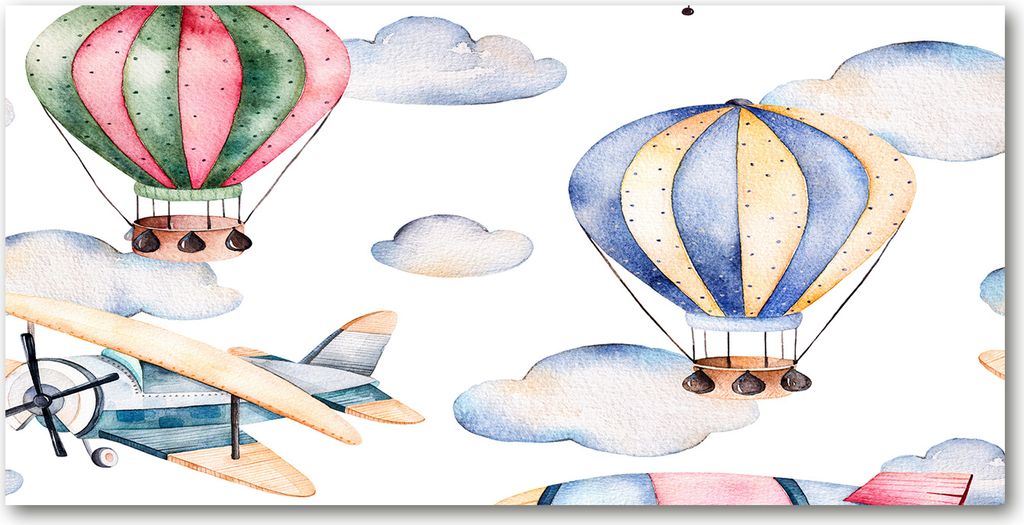 Tulup Glas-Bild - 100x50 -Wandkunst - Wandbild hinter gehärtetem Sicherheitsglas - Kinderzimmer - Flugzeuge Ballons - Mehrfarbig