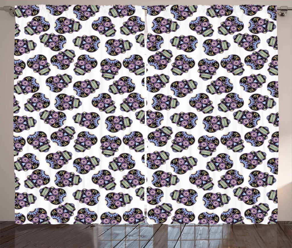 ABAKUHAUS Tenda rustica con teschi di zucchero, teschi Calavera, tenda con passanti e ganci per camera da letto, 280 x 175 cm, blu pallido viola