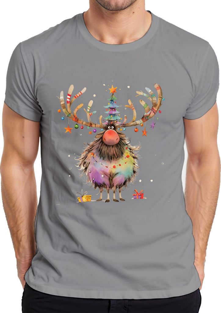 Lustiges Weihnachtsrentier Geweih Weihnachtsbaum Lichterkette Herren T-Shirt, Grau, L