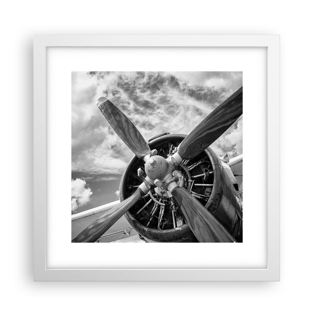 Gerahmtes Poster - Weißer Rahmen - Motor Schwarzweiß Propeller - 30x30 cm - Wand Bild - Wanddeko - Wandbilder - Wandposter - Bilderrahmen - Bilde...