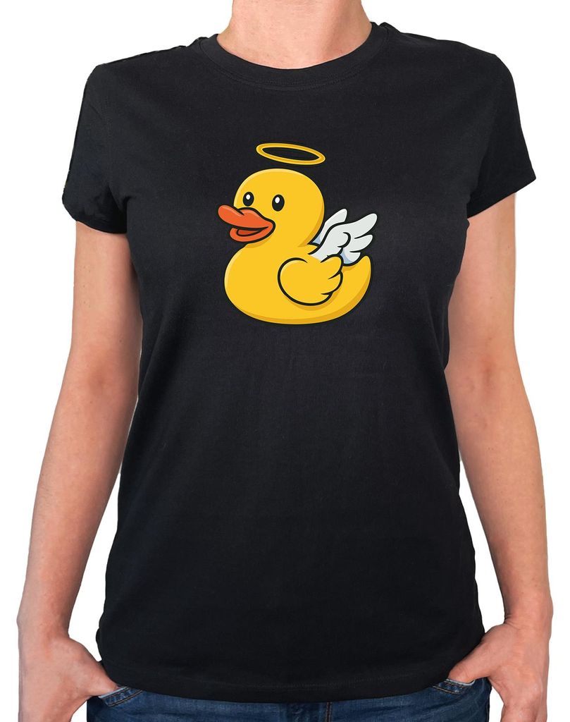 Huuraa Damen T-Shirt Quietscheente Engel Gummiente Angel XL Black Bio Baumwolle Fairtrade Damenshirt Geschenkidee