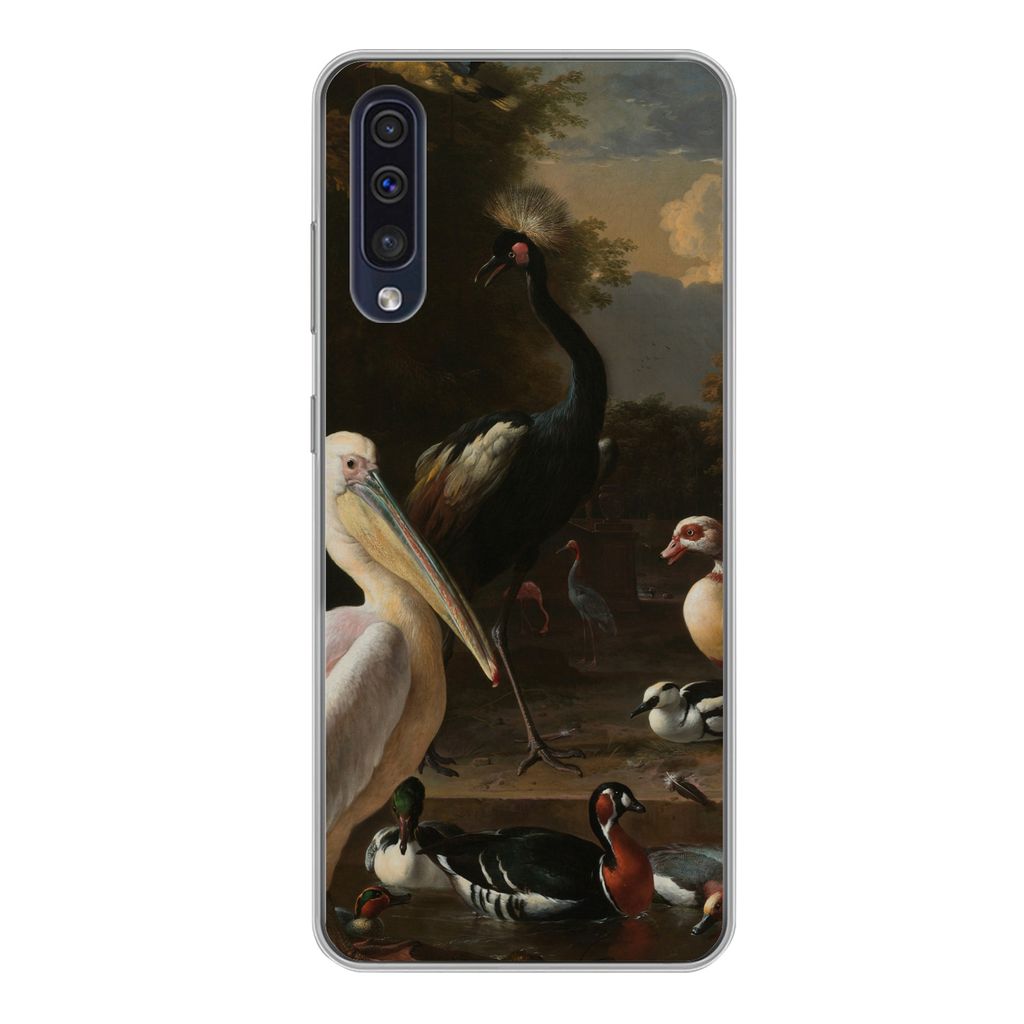 MuchoWow Handyhülle Schutzhülle Hülle für Samsung Galaxy A50 Ein Pelikan und andere Vögel in der Nähe eines Wasserbeckens - Gemälde von Me...