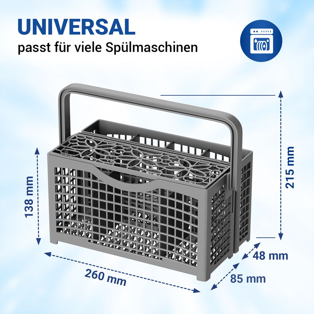 Spares2go Universal-Besteckkorb Für Fast Alle Spülmaschinen – Maße: 21 X 16 Cm, Höhe 12/22,5 Cm (mit Griff)