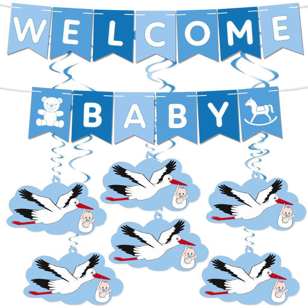 BRUBAKER Welcome Baby Girlande für Jungen und Mädchen - Wimpelkette mit Storch - Deko Set für Zuhause, Babyparty, Babyzimmer Dekoration, Blau