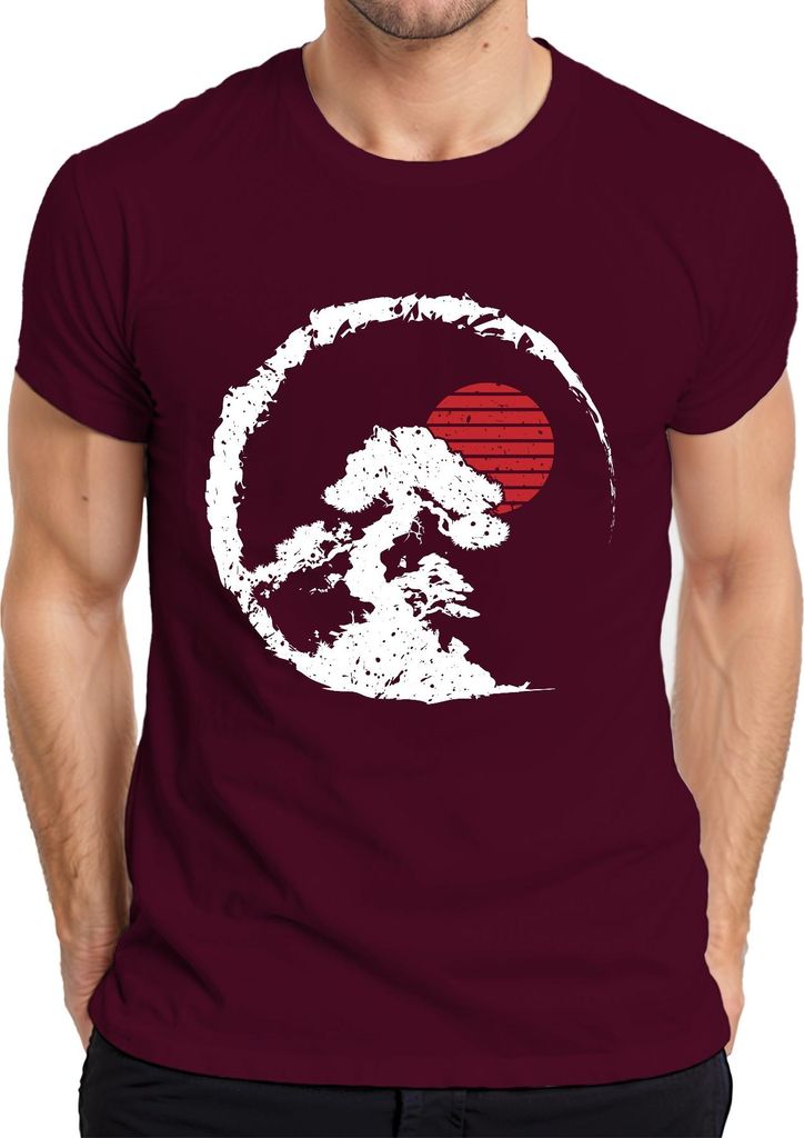 Bonsai Baum Zen Japan Enso Kreis Rote Sonne Vintage Retro Grunge Herren T-Shirt, Burgundy, L