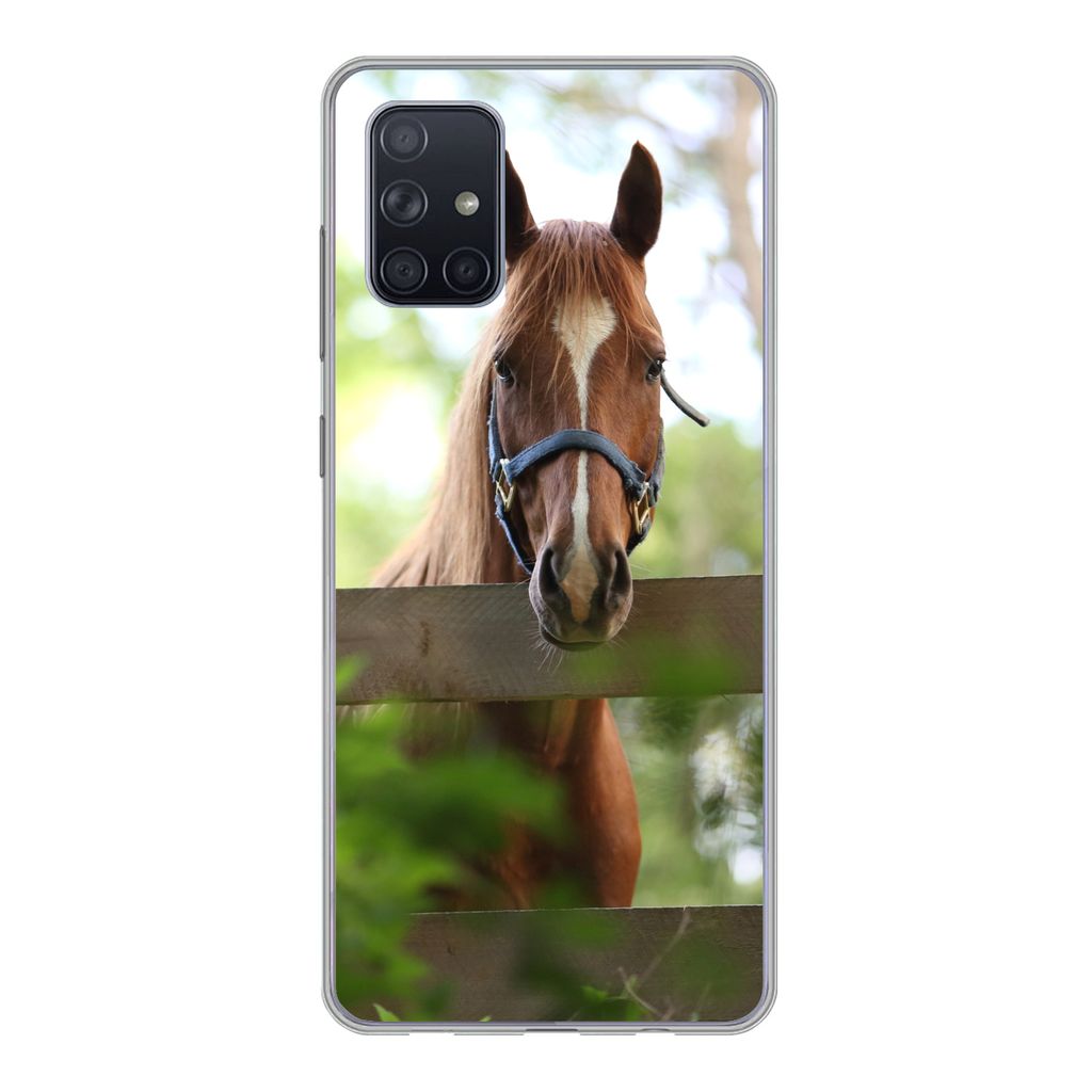 MuchoWow Handyhülle Schutzhülle Hülle für Samsung Galaxy A51 Pferd - Natur - Zaun Silikon Softcase Handy Hülle - Schutzabdeckung