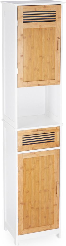 Relaxdays Badschrank, 2 Türen, 1 Schublade, Hochschrank, HxBxT: ca. 180 x 39 x 30 cm, Holz und Bambus, weiß-braun
