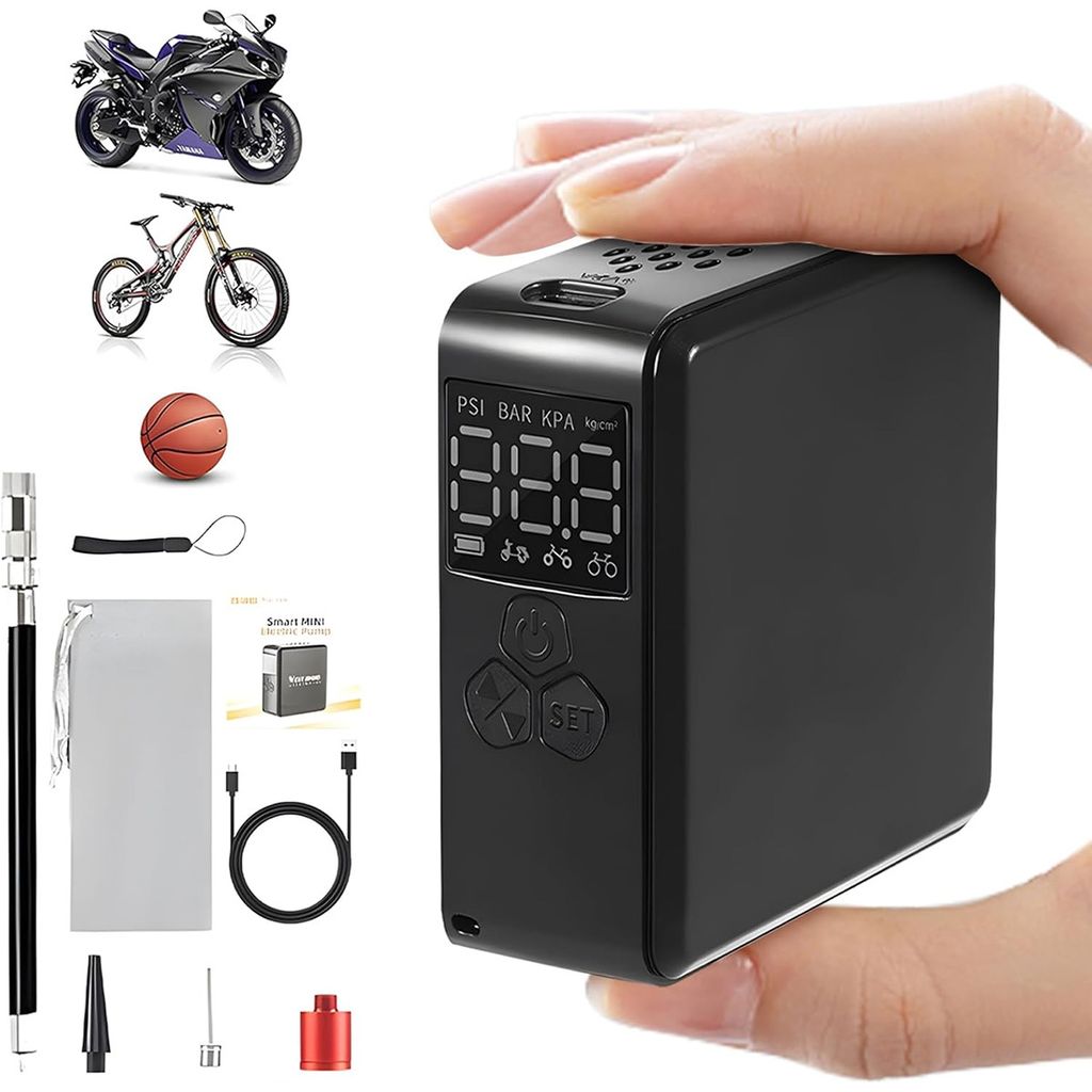 Tragbare Mini-Akku-Luftpumpe 150 PSI,Elektrischer Kompressor mit LCD-Display,Typ-C, für Fahrrad, Auto, Motorrad und Sportbälle, 2400mAh Elektropumpe