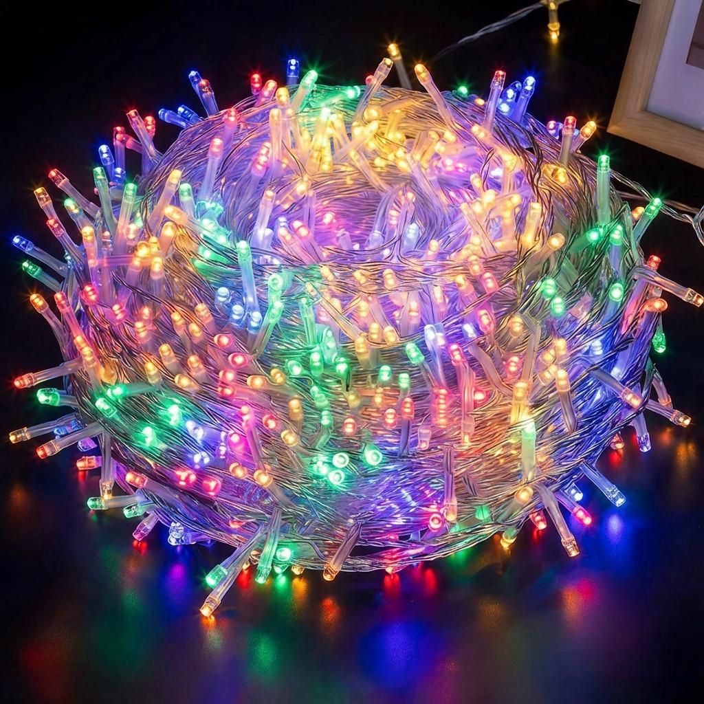 A tangled mass of colorful LED string lights.