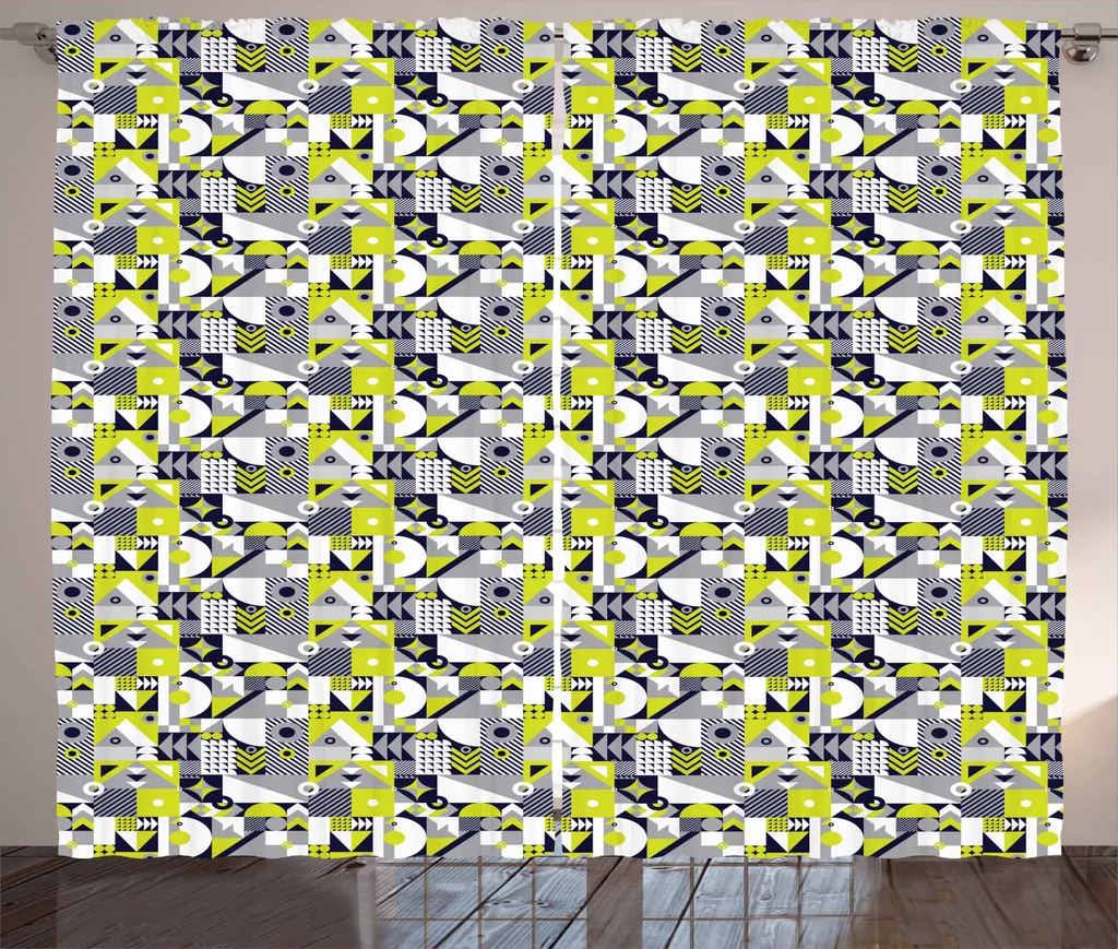 ABAKUHAUS Tenda astratta rustica, mosaico moderno, soggiorno, nastro universale, tende con passanti e ganci, 280 x 175 cm, giallo verde