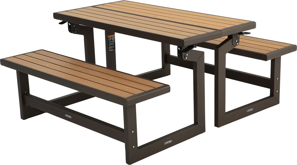 A picnic table with attached benches is shown against a white background.