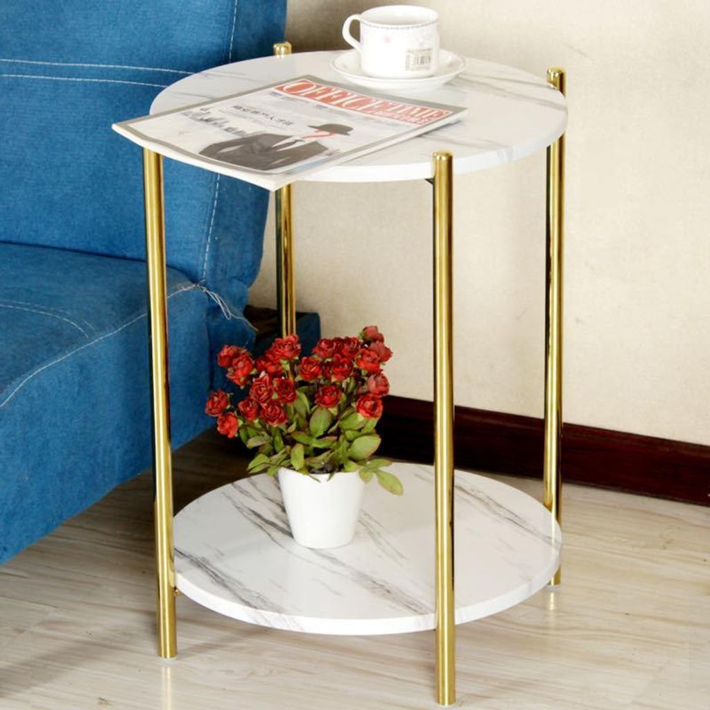 FATIVO Runder Beistelltisch Weiß Marmoroptik 37x43cm—Sofatisch mit 2 Ablagen, Gold Metallgestell, Skandinavischer Nachttisch Wohnzimmer