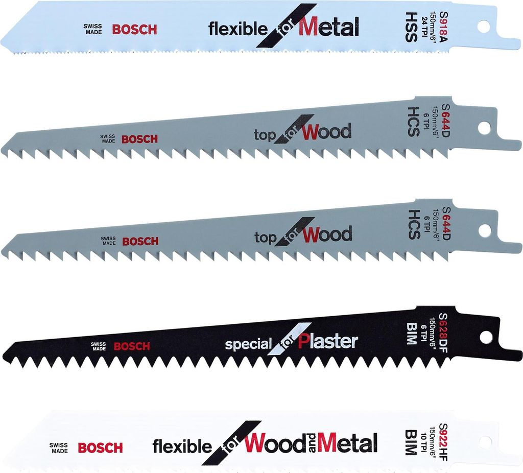 A collection of five Bosch reciprocating saw blades arranged horizontally against a white background.