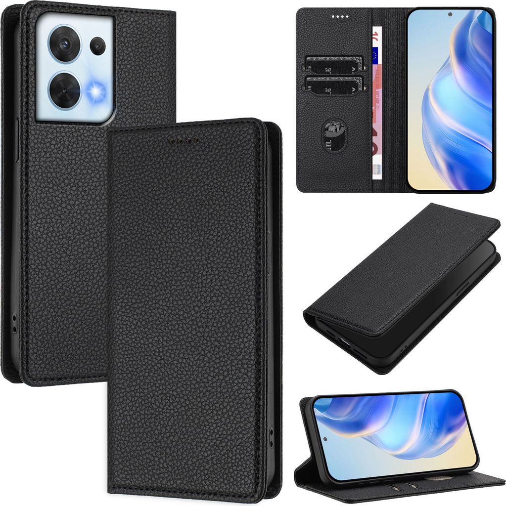 Litchi Leder Handyhülle für Oppo Reno8 5G Wallet Kartenfächer Standfunktion Hülle Schwarz