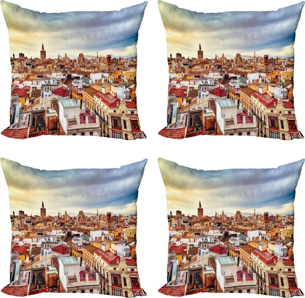 ABAKUHAUS Stadt Alte Häuser Kissenbezug Set (4 Stück), Valencia Spanien, Moderner Doppelseitiger Digitaldruck, 40 cm x 40 cm, Mehrfarbig