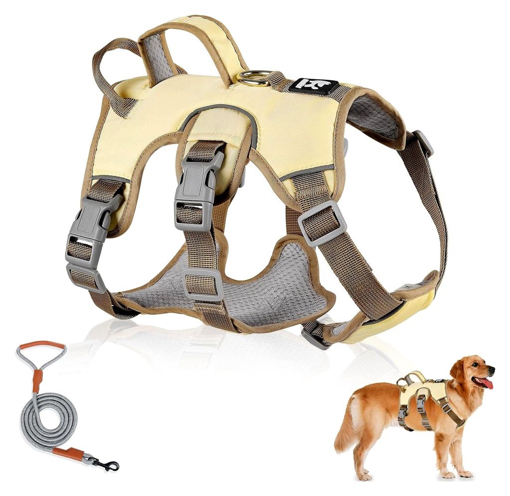 Mehrzweck-Hundegeschirr mit Leine Set, Ausbruchsicheres Anti-Zug Geschirr für kleine und mittelgroße Hunde (Beige, M)