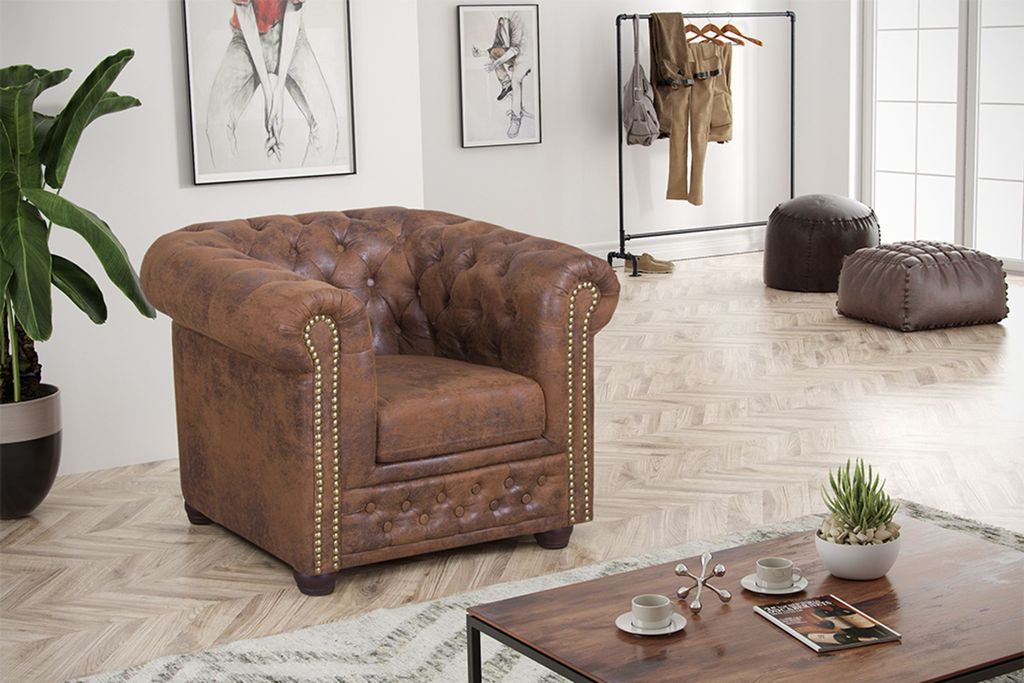 Chesterfield Sessel, Mikrofaser, braun, Vintage, 1-Sitzer, Produktbild 