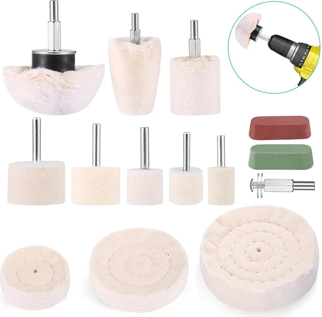 Kit polissage aluminium pour perceuse avec tampons coton et tiges de 6mm